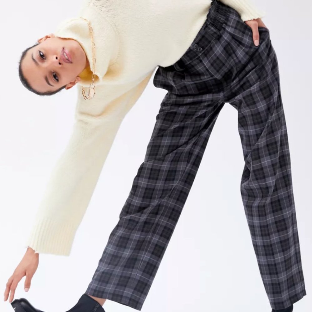 UO Checkered High-Waisted Paperbag Pant